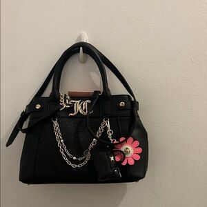 Juicy Couture Black Satchel Handbag with Pink Flower Charm